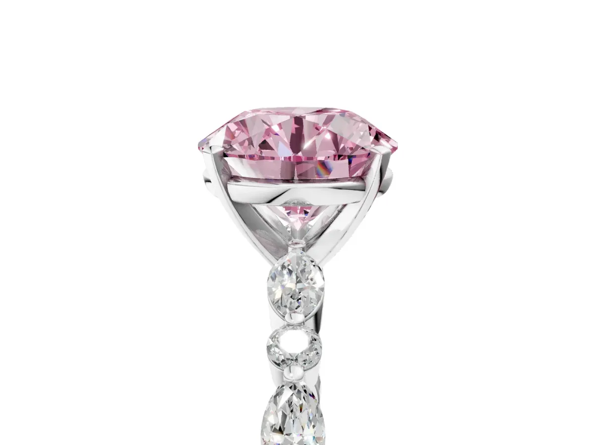 Fancy Pink Round Cut Diamond Ring with Marquise and Round Side Stones and Four-Prong Setting Platinum
