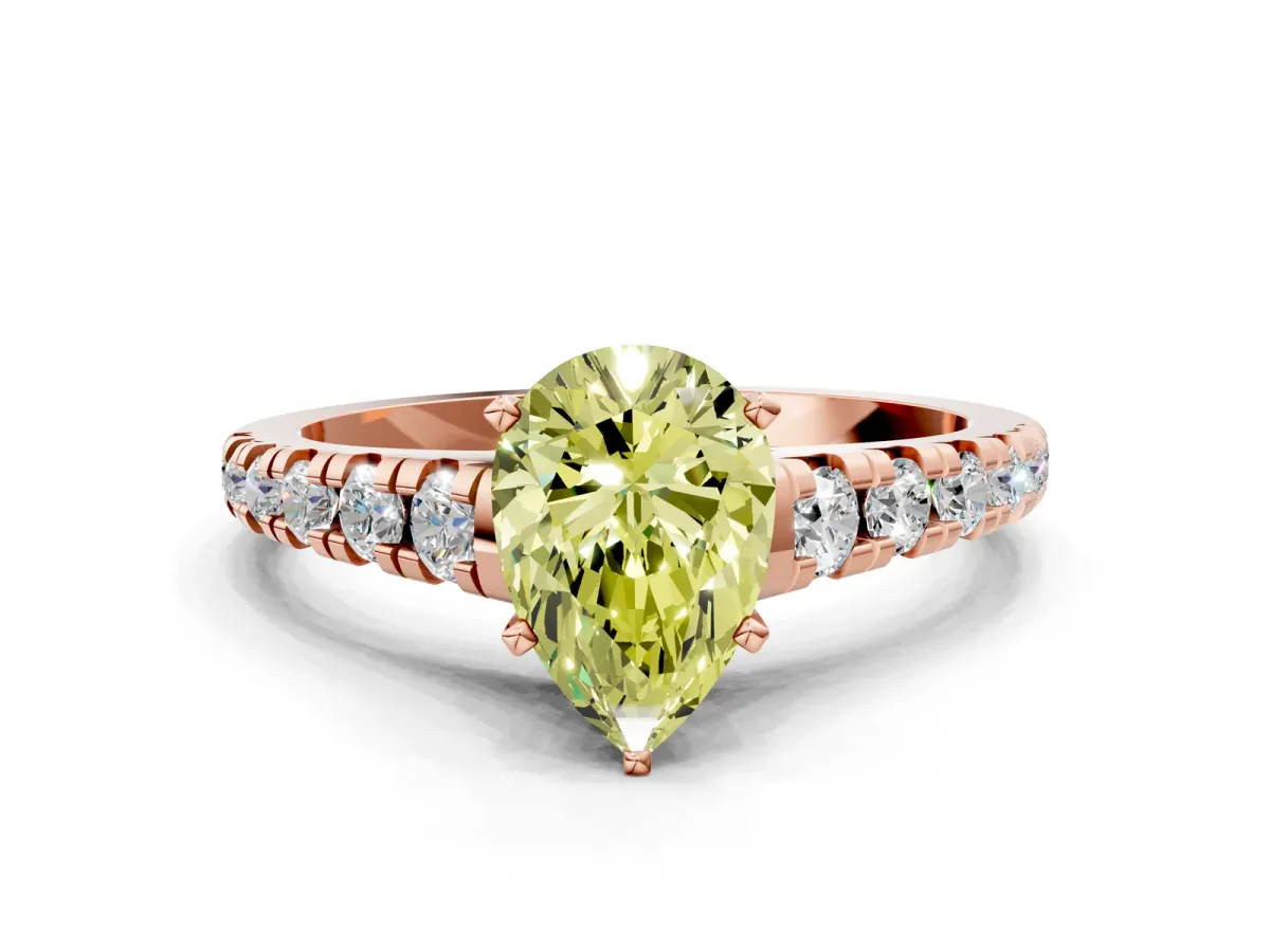 Fancy Yellow Pear Cut Diamond Cathedral Solitaire Ring with Round Pavé Band Rose gold