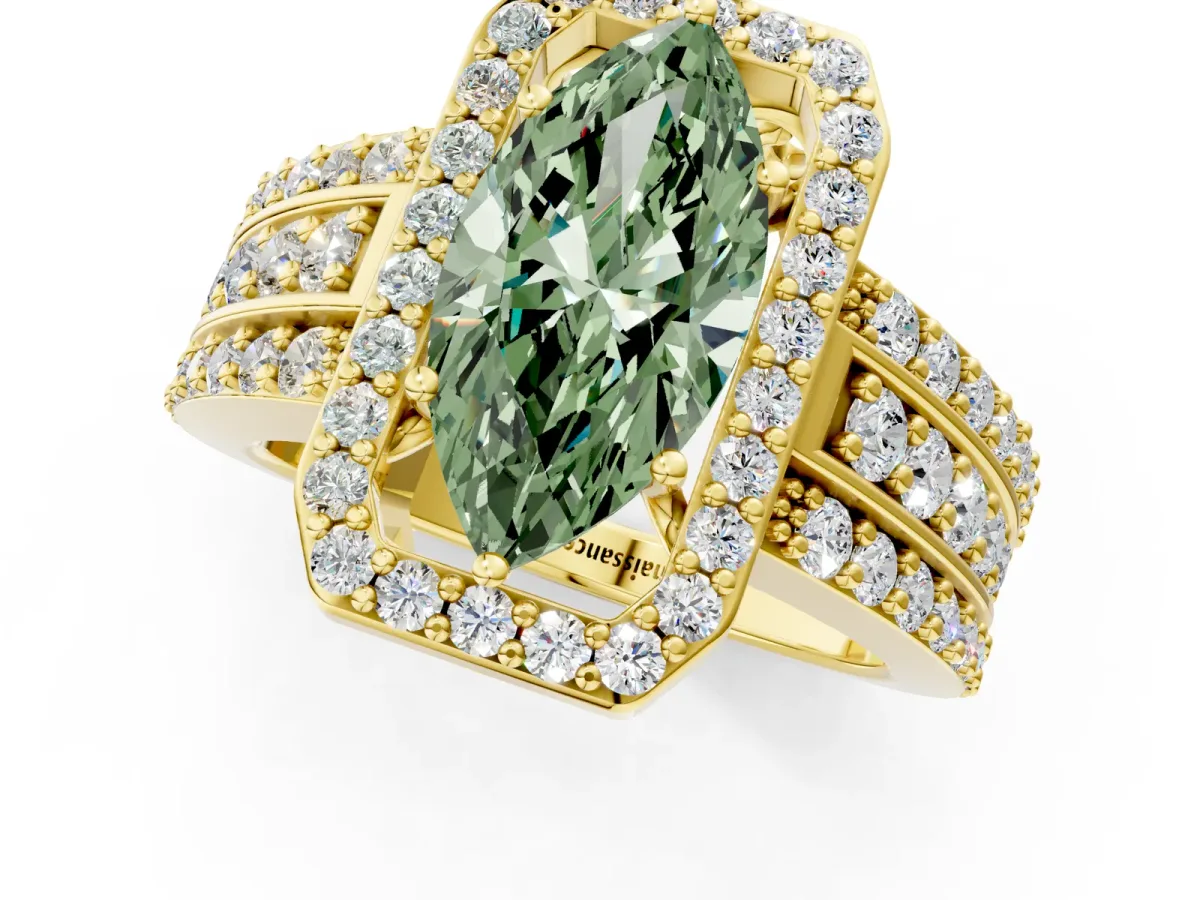 Fancy Green Marquise Cut Halo Diamond Ring with Round Split Shank and Prong Setting Yellow gold
