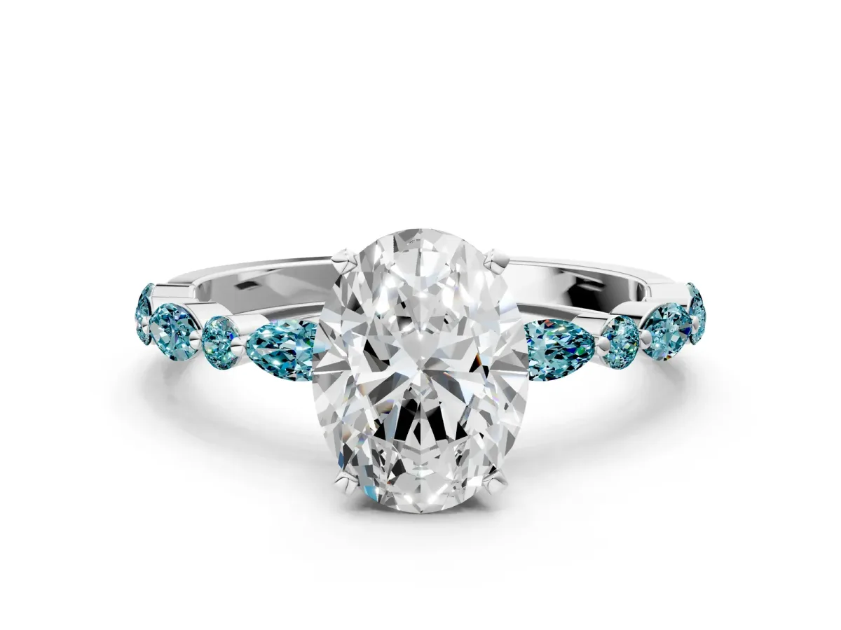 Oval Cut Diamond Ring with Marquise and Round Blue Topaz Side Stones and Four-Prong Setting Silver