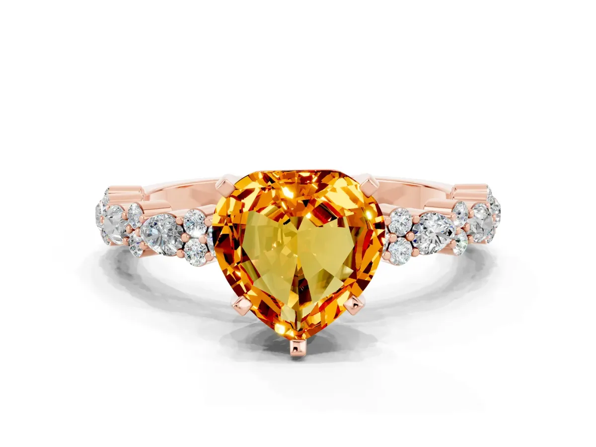 Heart Cut Citrine Side Stone Solitaire Ring with Round and Four-Prong Setting Rose gold