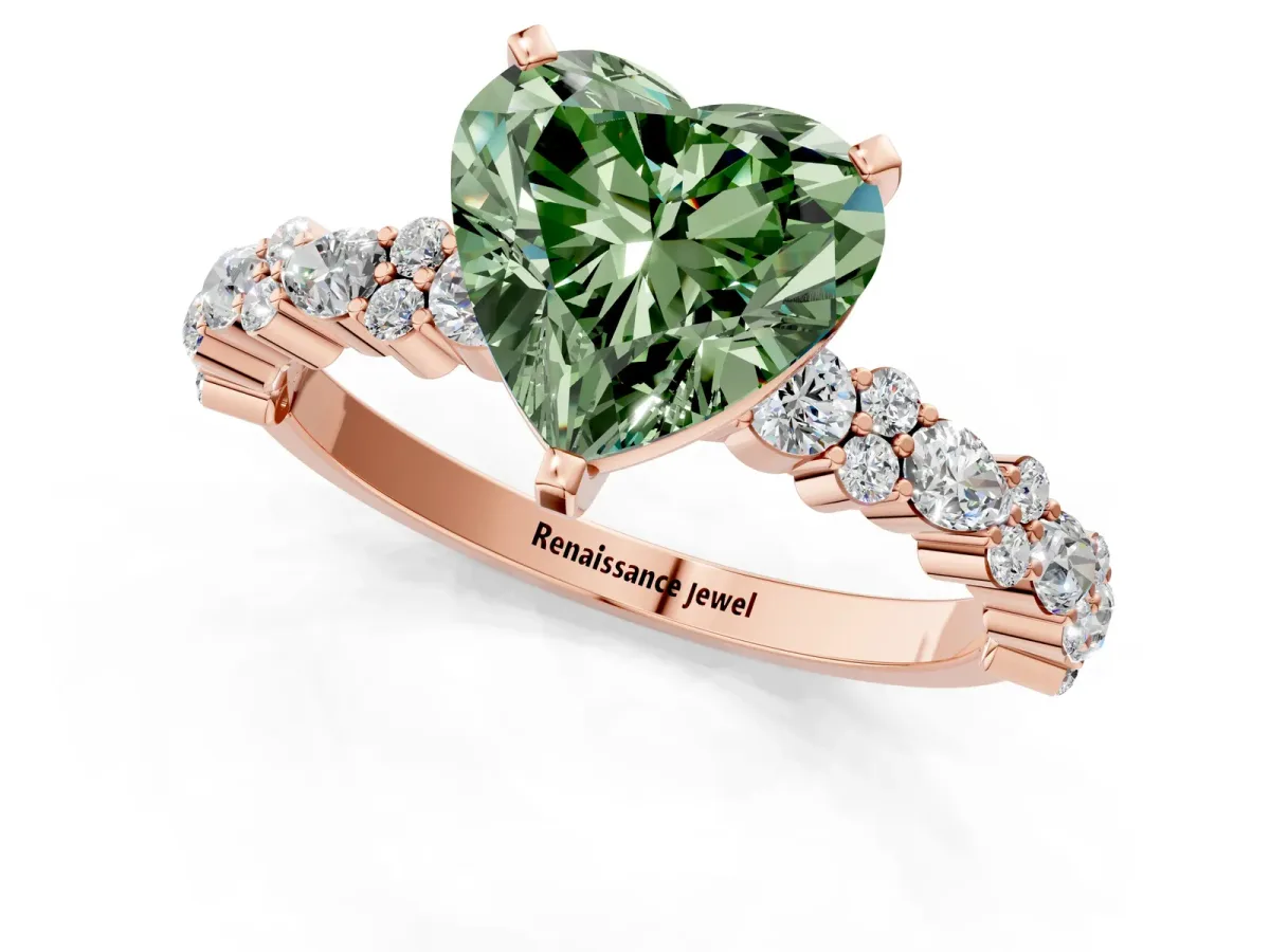 Fancy Green Heart Cut Diamond Side Stone Solitaire Ring with Round and Four-Prong Setting Rose gold