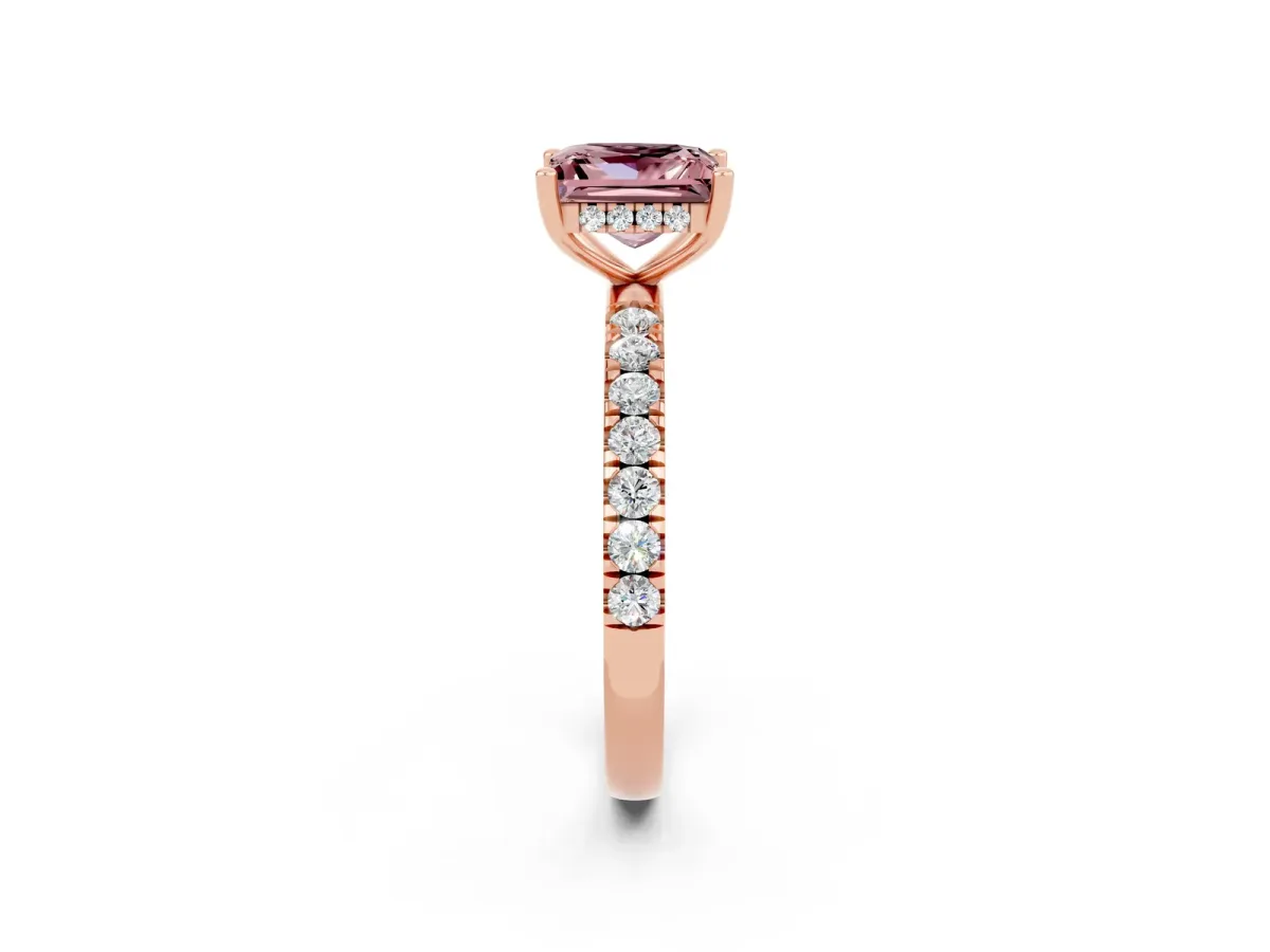 Princess Cut Morganite Pave Band Solitaire Ring with Round and Prong Setting Rose gold