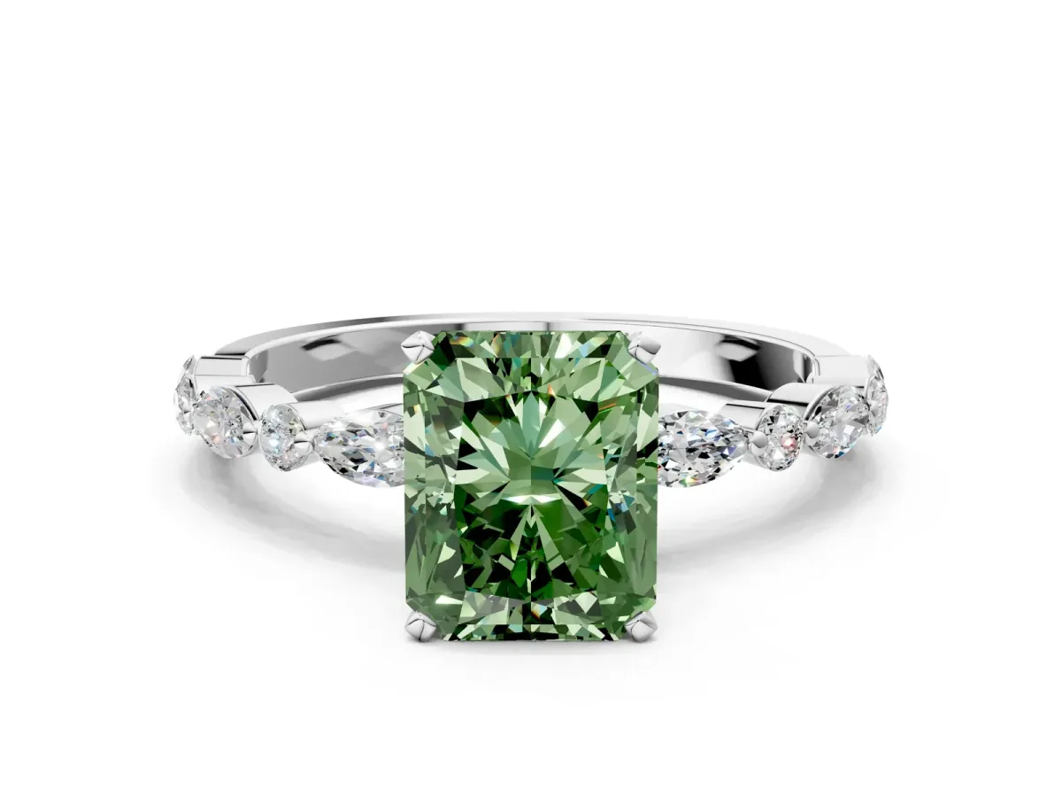 Fancy Green Radiant Cut Diamond Ring with Marquise and Round Side Stones and Four-Prong Setting Silver