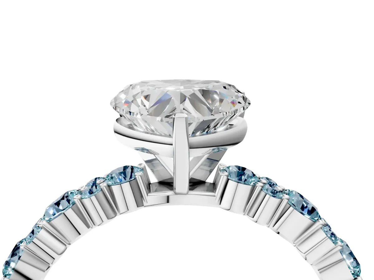 Heart Cut Diamond Side Stone Solitaire Ring with Round Aquamarine and Four-Prong Setting Platinum