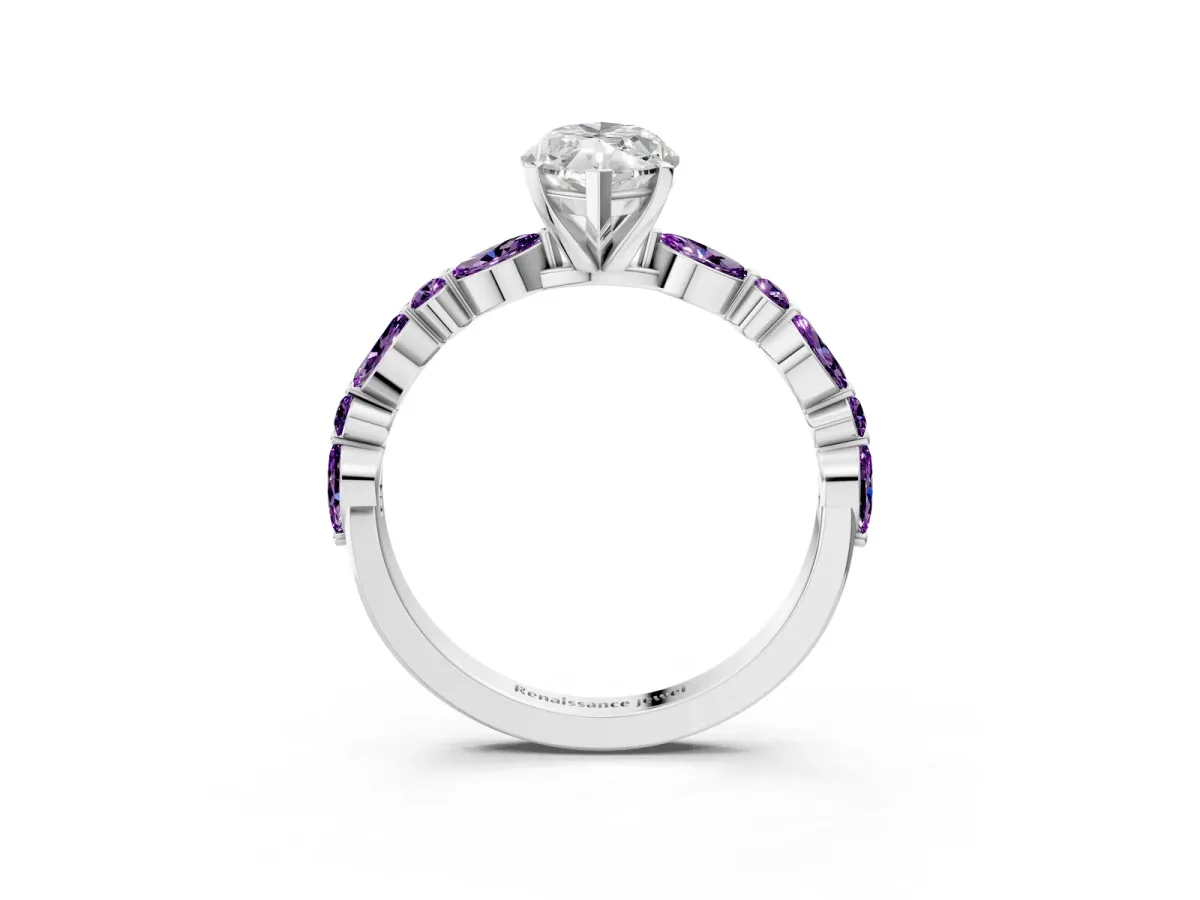 Marquise Cut Diamond Ring with Marquise and Round Amethyst Side Stones and Four-Prong Setting Silver