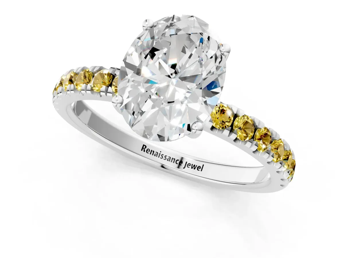 Oval Cut Diamond Pave Band Solitaire Ring with Round Yellow Sapphire and Prong Setting Platinum