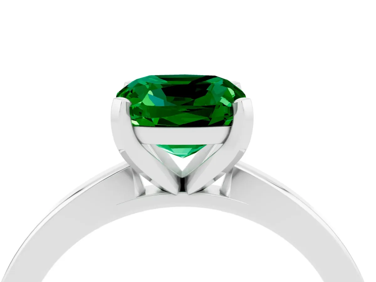 Cushion Cut Emerald Solitaire Engagement Ring with Classic Band and Four-Prong Setting White gold