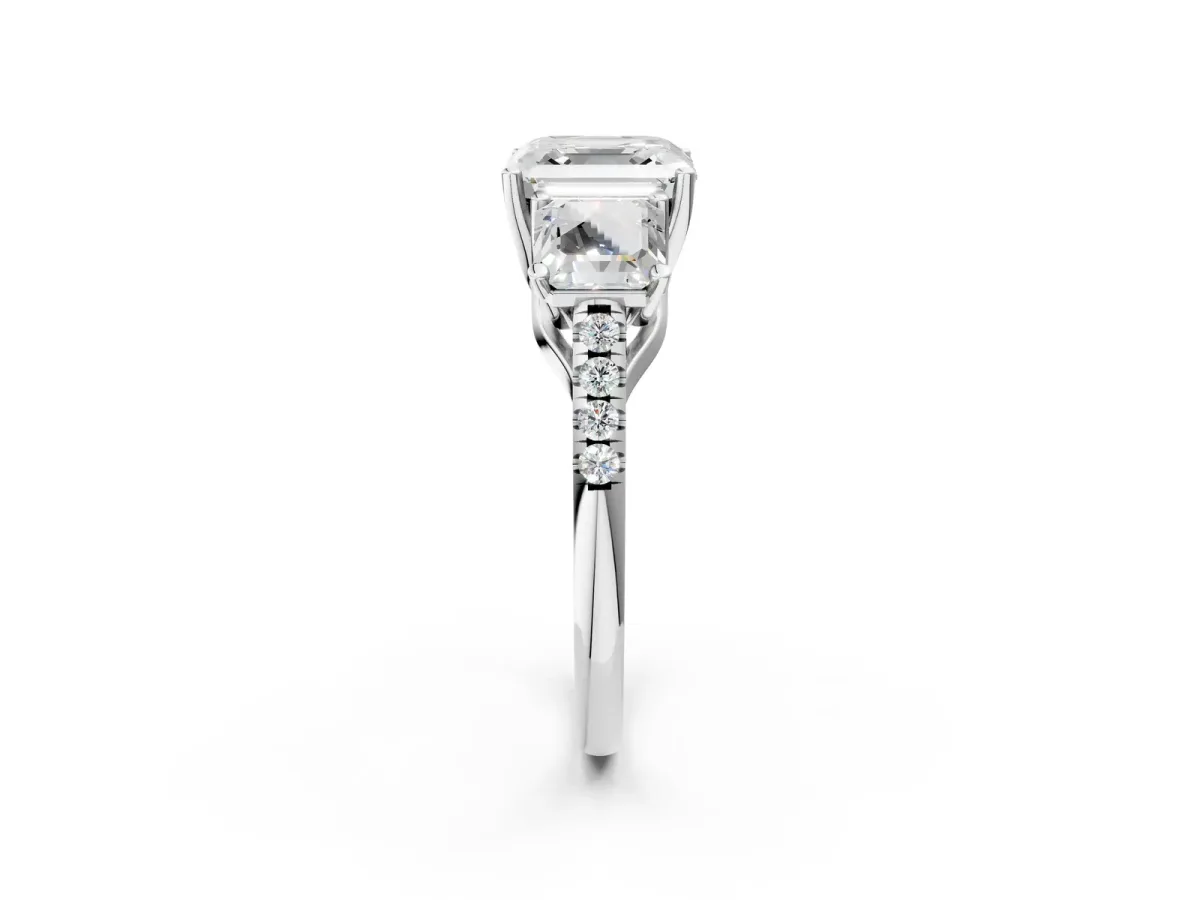 Three-Stone Asscher Cut Diamond Ring with Round Moissanite Pavé Band and Prong Setting White gold