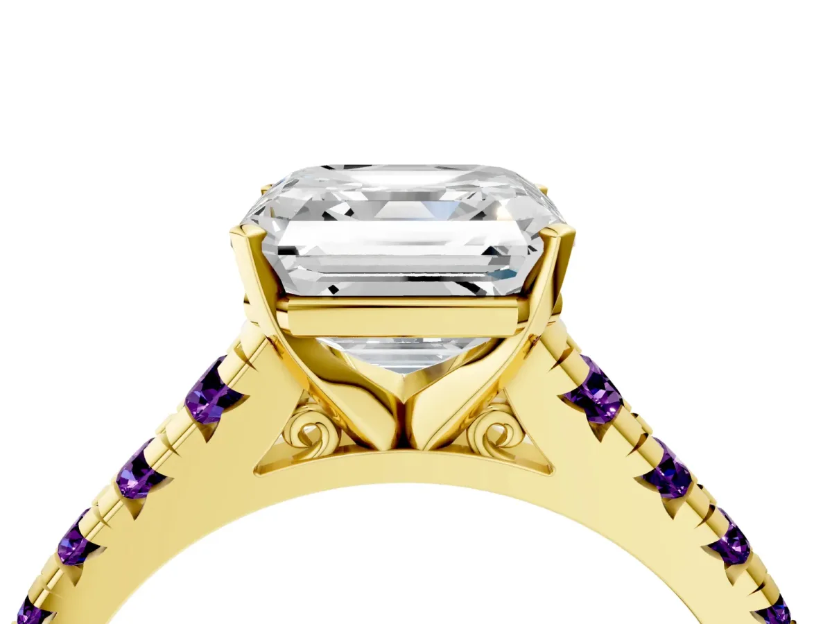 Asscher Cut Diamond Cathedral Solitaire Ring with Round Amethyst Pavé Band Yellow gold