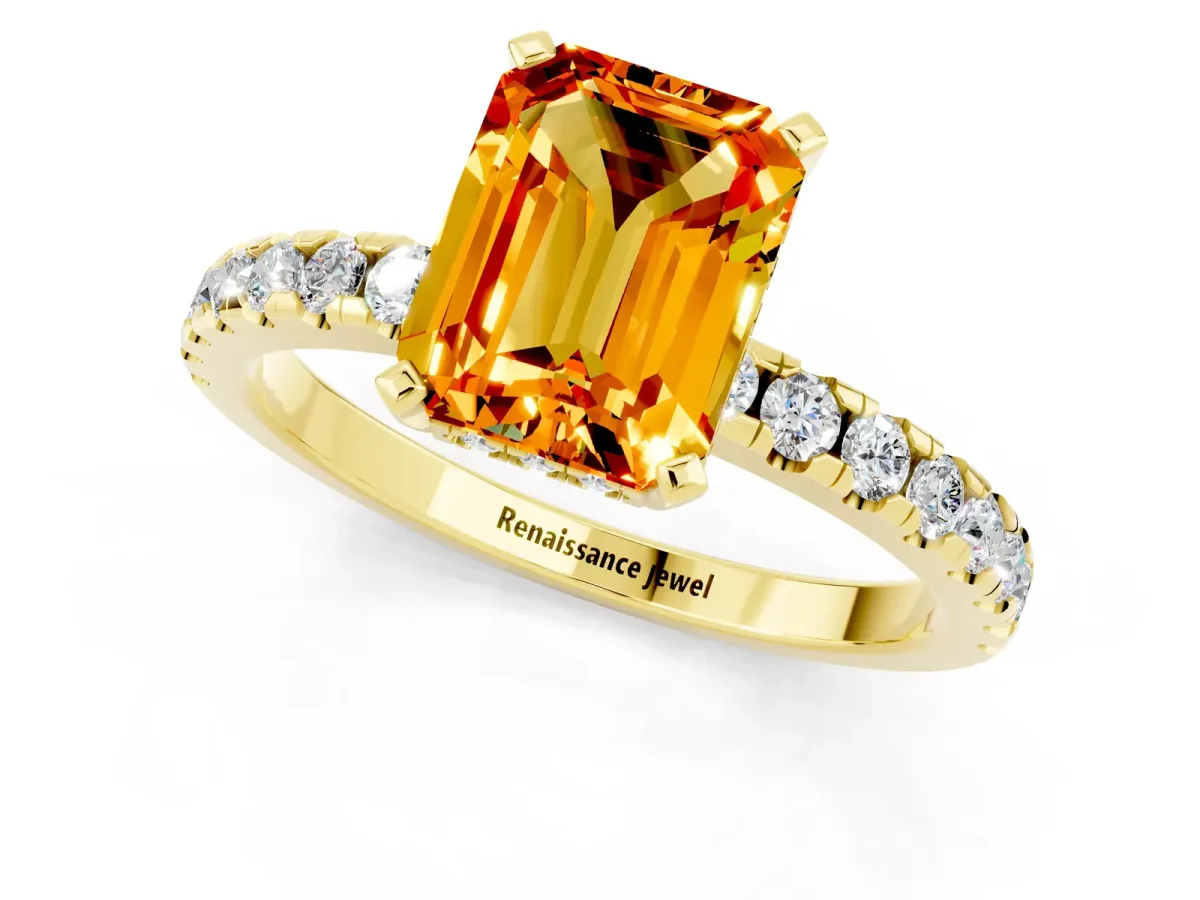 Emerald Cut Citrine Solitaire Ring with Round Pavé Band and Four-Prong Setting Yellow gold