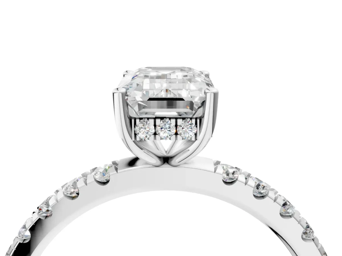 Emerald Cut Diamond Pave Band Solitaire Ring with Round and Prong Setting Platinum