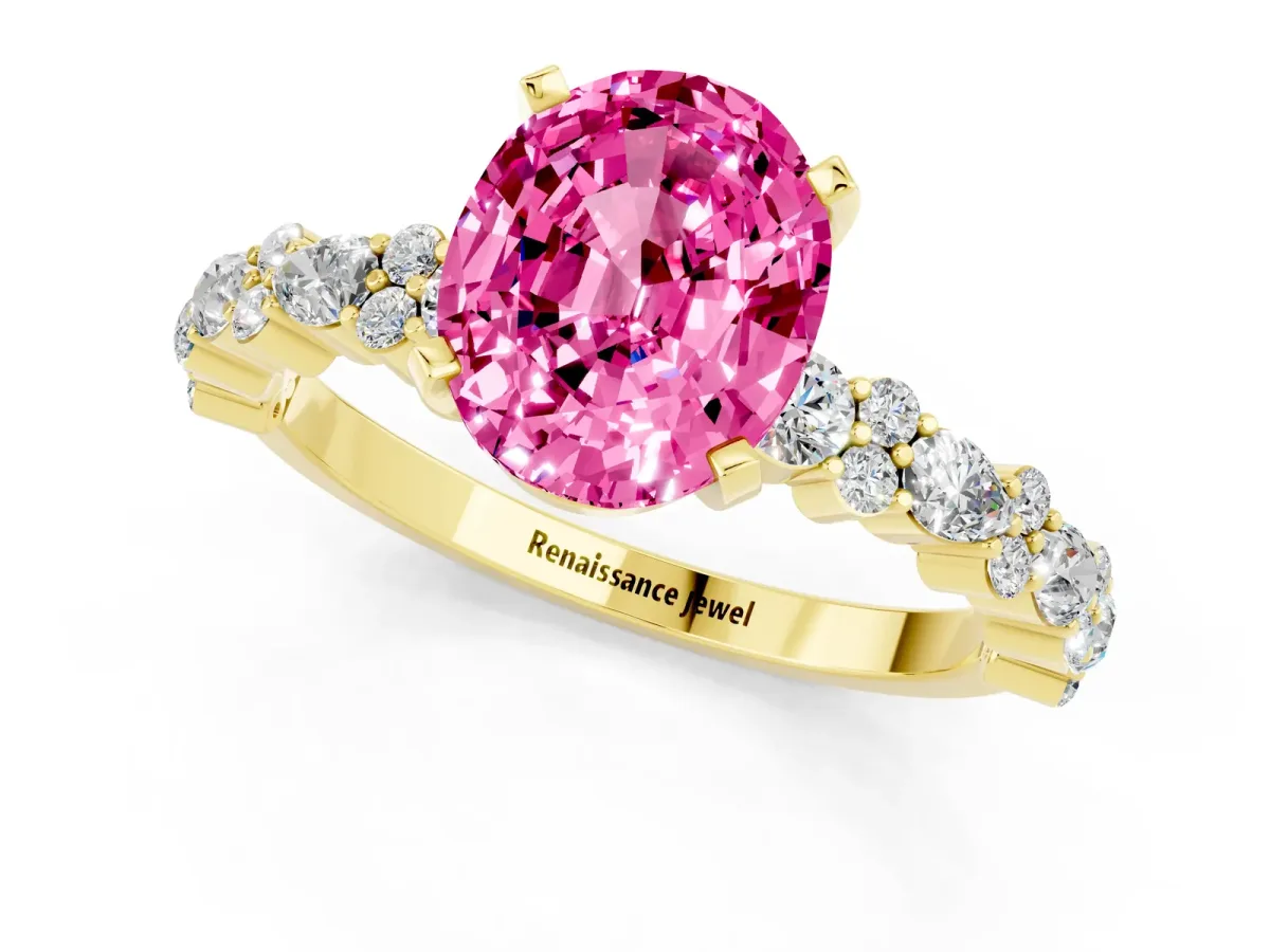Oval Cut Pink Sapphire Side Stone Solitaire Ring with Round and Four-Prong Setting Yellow gold