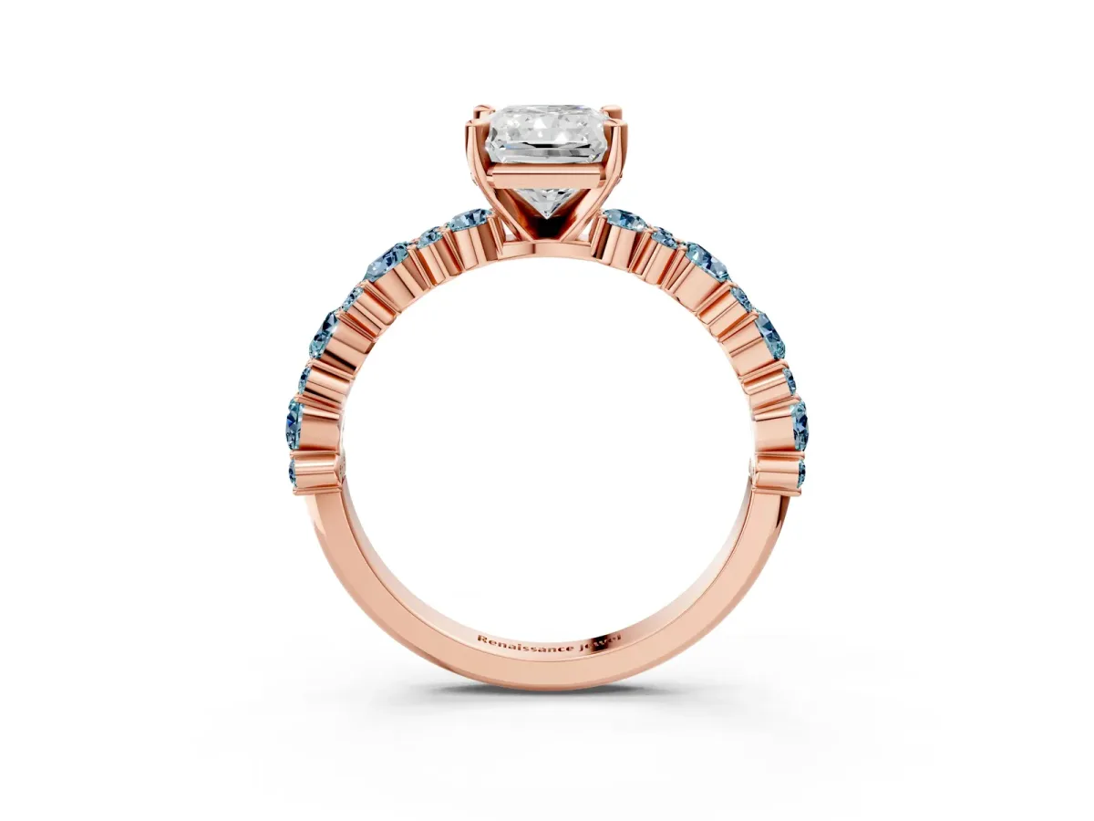 Radiant Cut Diamond Side Stone Solitaire Ring with Round Aquamarine and Four-Prong Setting Rose gold