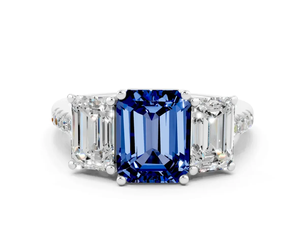 Three-Stone Emerald Cut Blue Sapphire Ring with Round Pavé Band and Prong Setting Platinum
