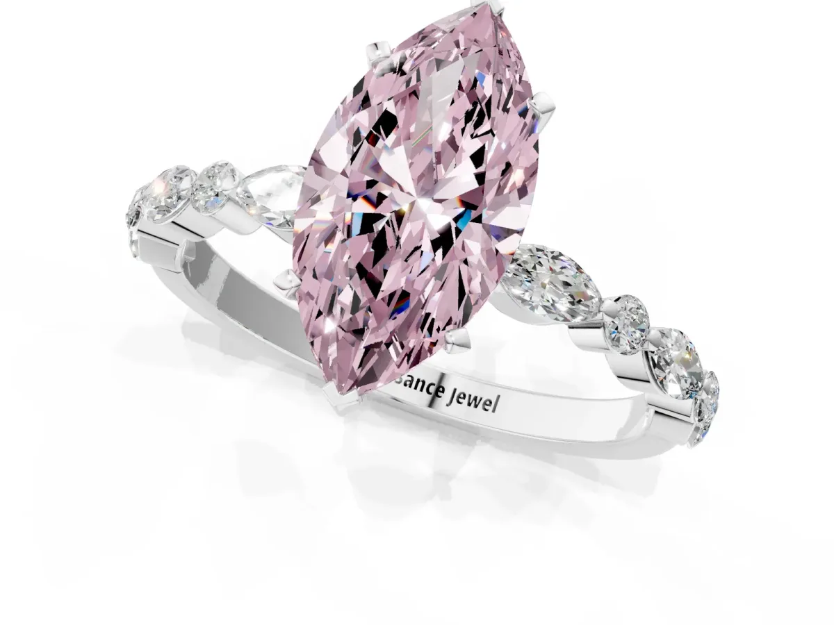 Fancy Pink Marquise Cut Diamond Ring with Marquise and Round Side Stones and Four-Prong Setting Silver