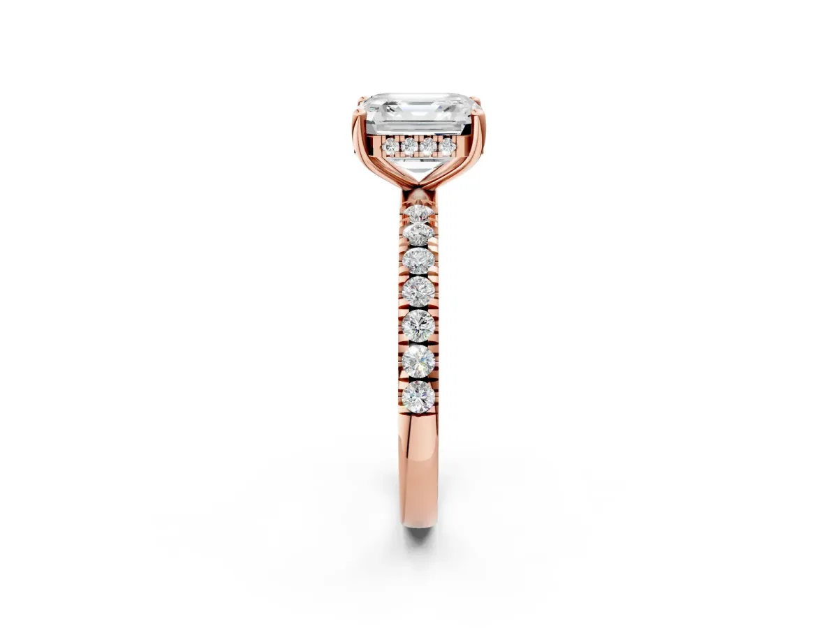 Asscher Cut Diamond Pave Band Solitaire Ring with Round Moissanite and Prong Setting Rose gold
