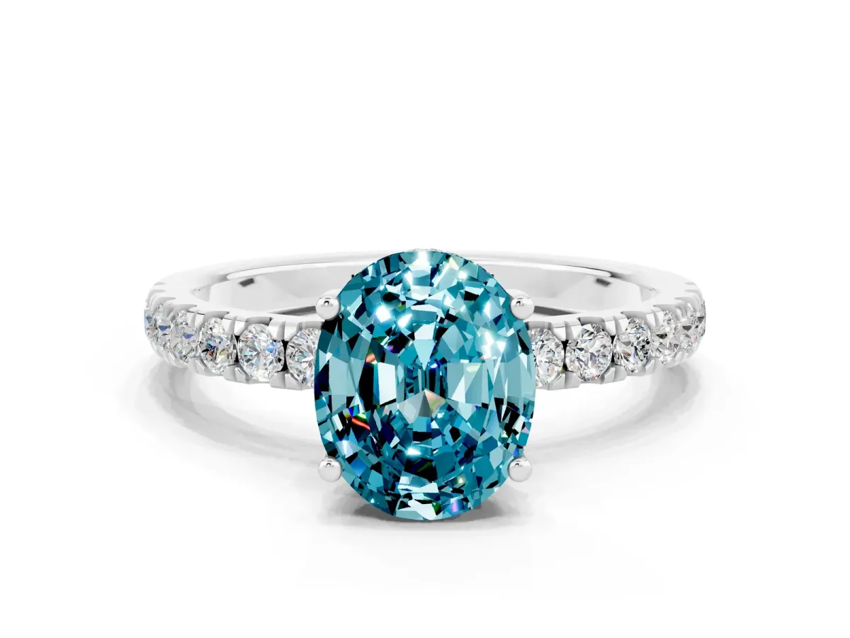 Oval Cut Blue Topaz Pave Band Solitaire Ring with Round and Prong Setting Platinum