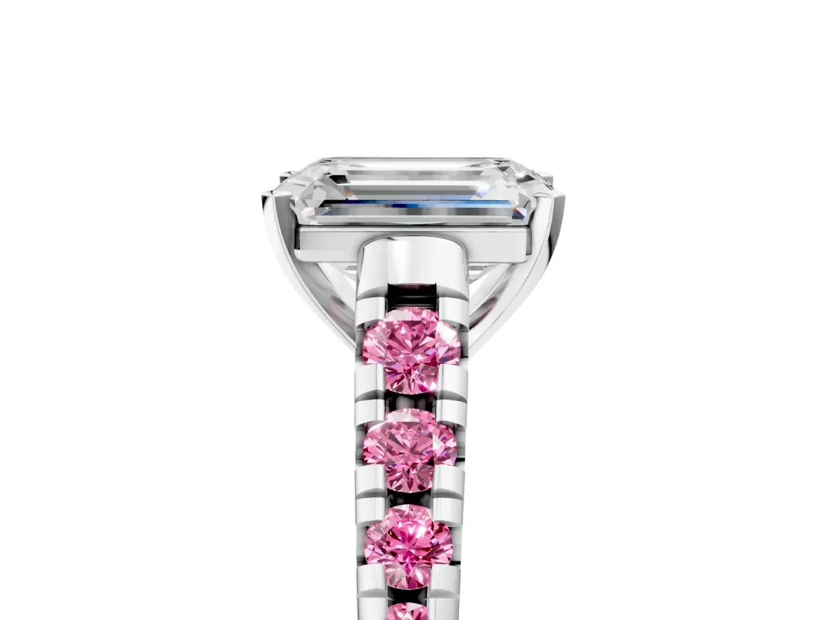 Emerald Cut Diamond Cathedral Solitaire Ring with Round Pink Sapphire Pavé Band Platinum