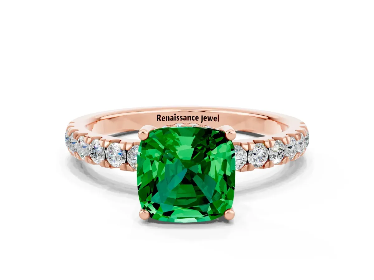 Cushion Cut Emerald Pave Band Solitaire Ring with Round and Prong Setting Rose gold