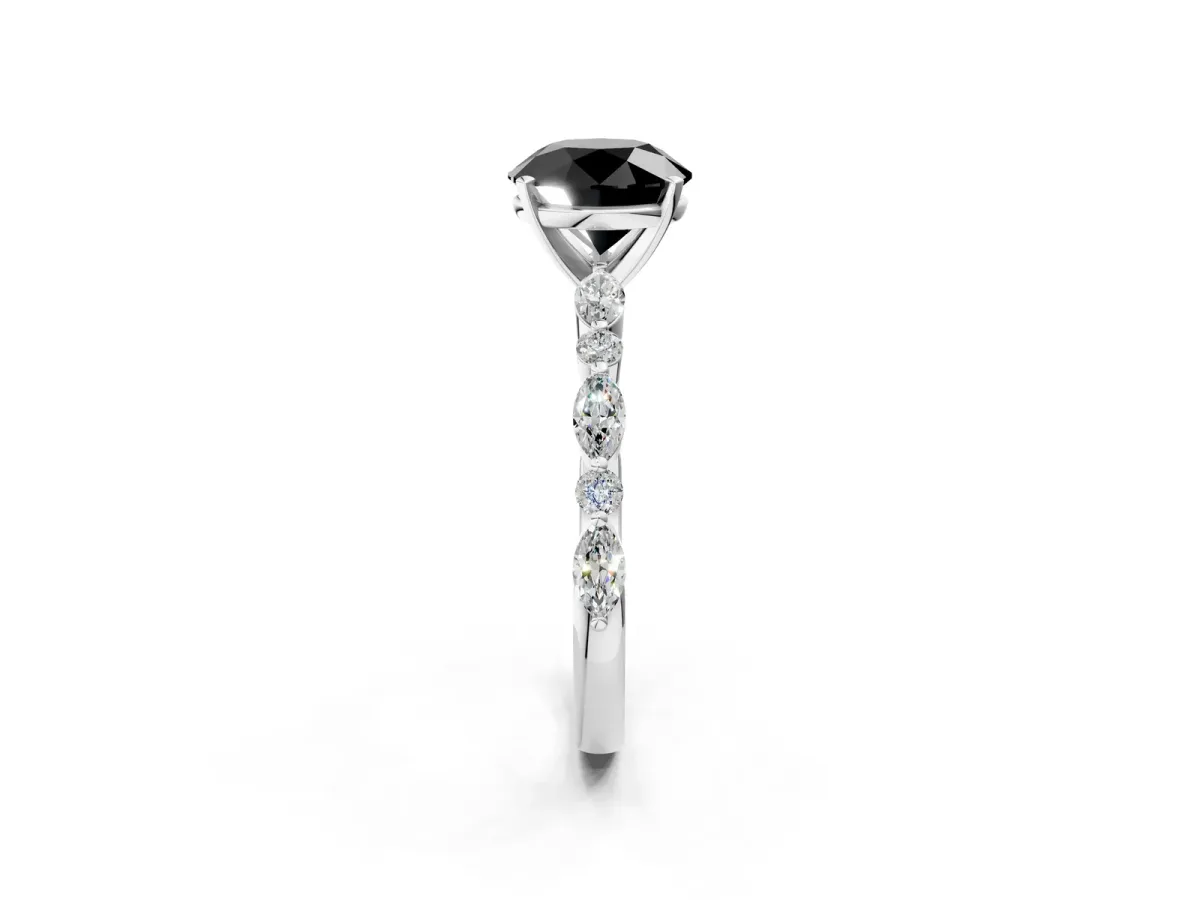 Fancy Black Round Cut Diamond Ring with Marquise and Round Side Stones and Four-Prong Setting Silver