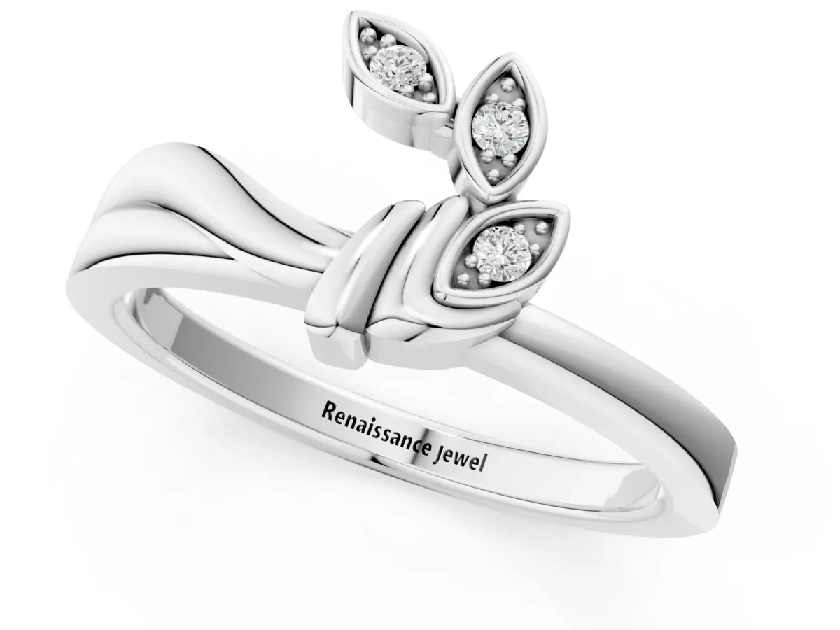 Three-Stone Round Diamond Leaf Bypass Ring with Bezel Setting White gold