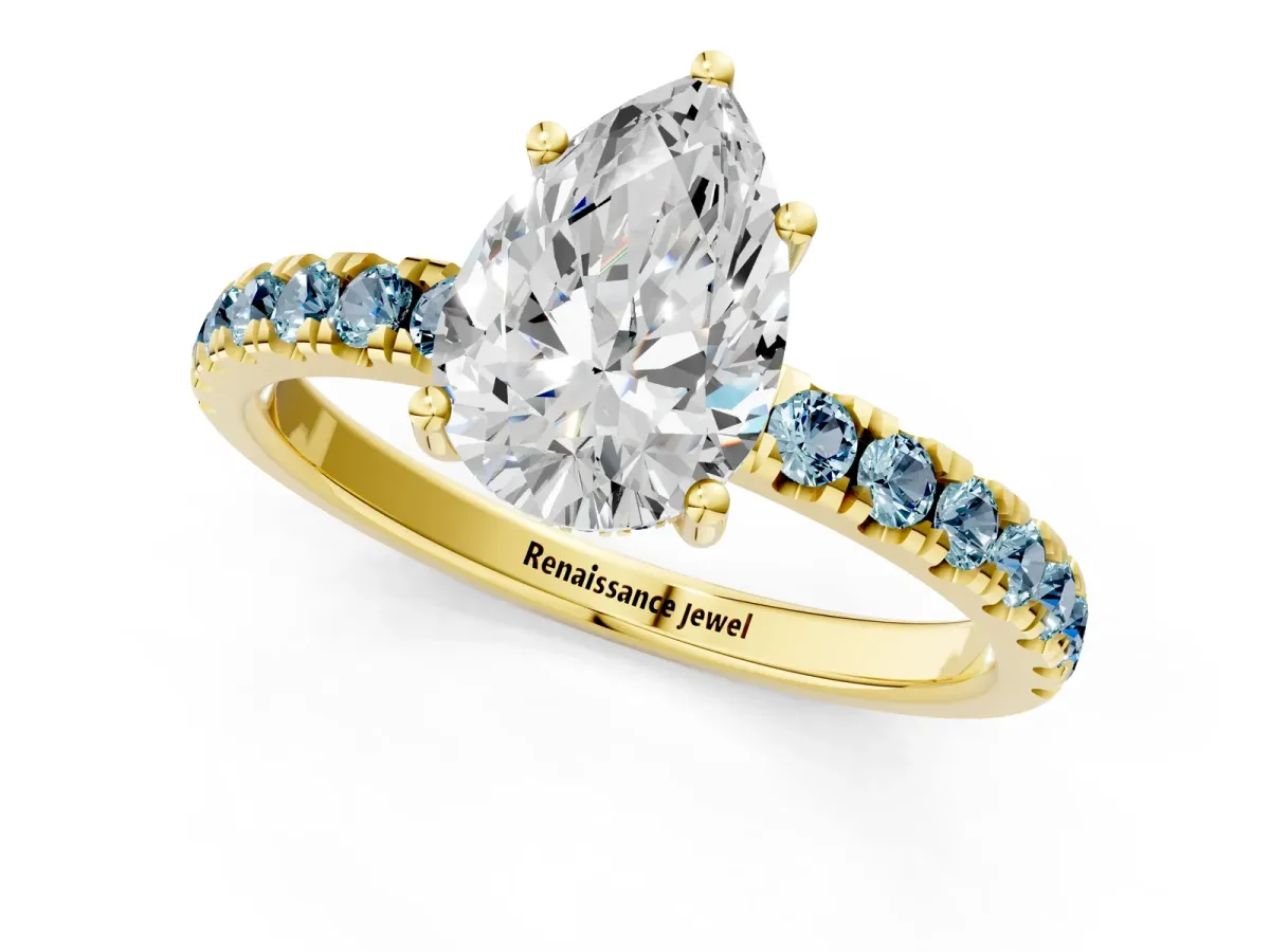 Pear Cut Diamond Pave Band Solitaire Ring with Round Aquamarine and Prong Setting Yellow gold