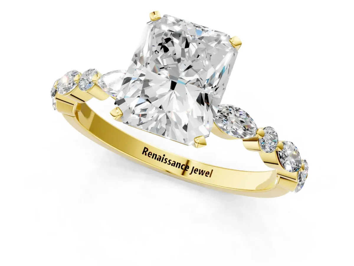 Radiant Cut Diamond Ring with Marquise and Round Side Stones and Four-Prong Setting Yellow gold