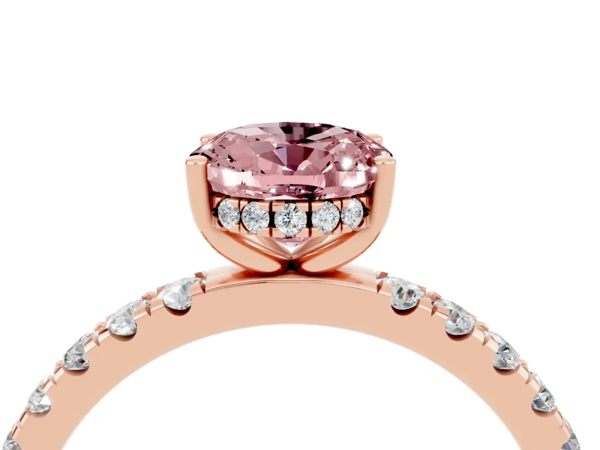 Oval Cut Morganite Pave Band Solitaire Ring with Round and Prong Setting Rose gold