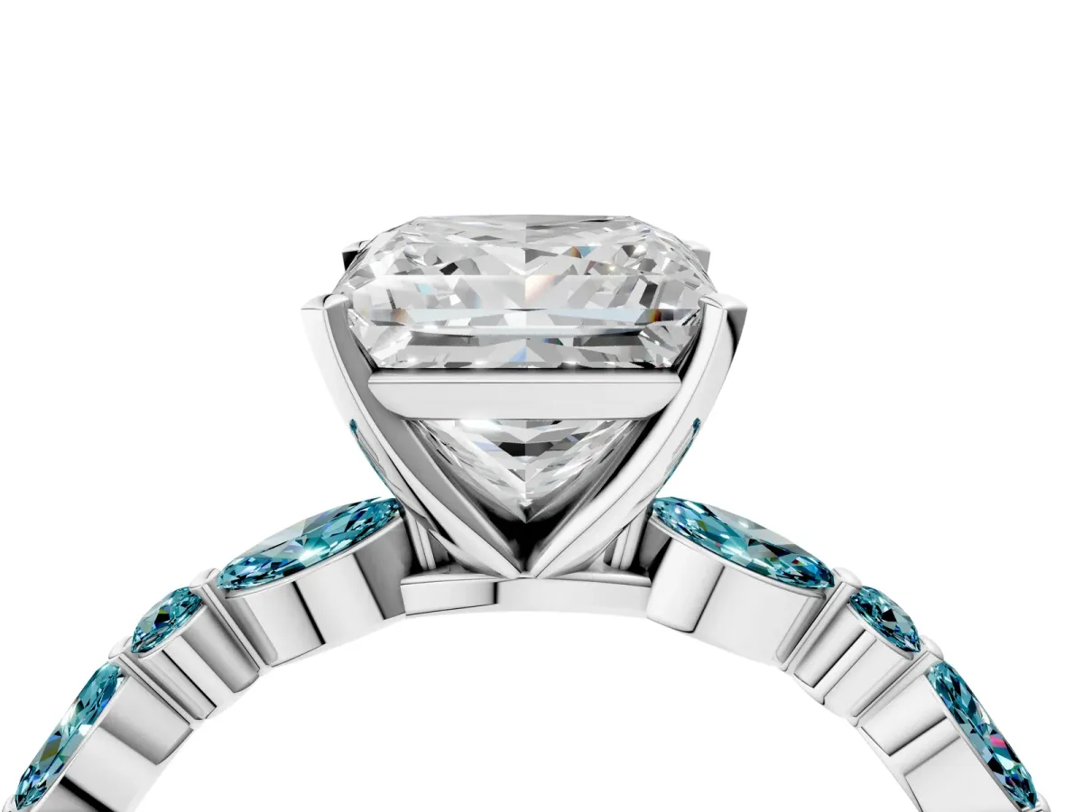Princess Cut Diamond Ring with Marquise and Round Blue Topaz Side Stones and Four-Prong Setting Silver