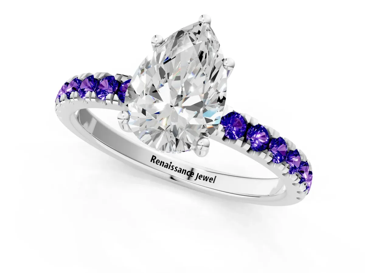 Pear Cut Diamond Pave Band Solitaire Ring with Round Tanzanite and Prong Setting White gold