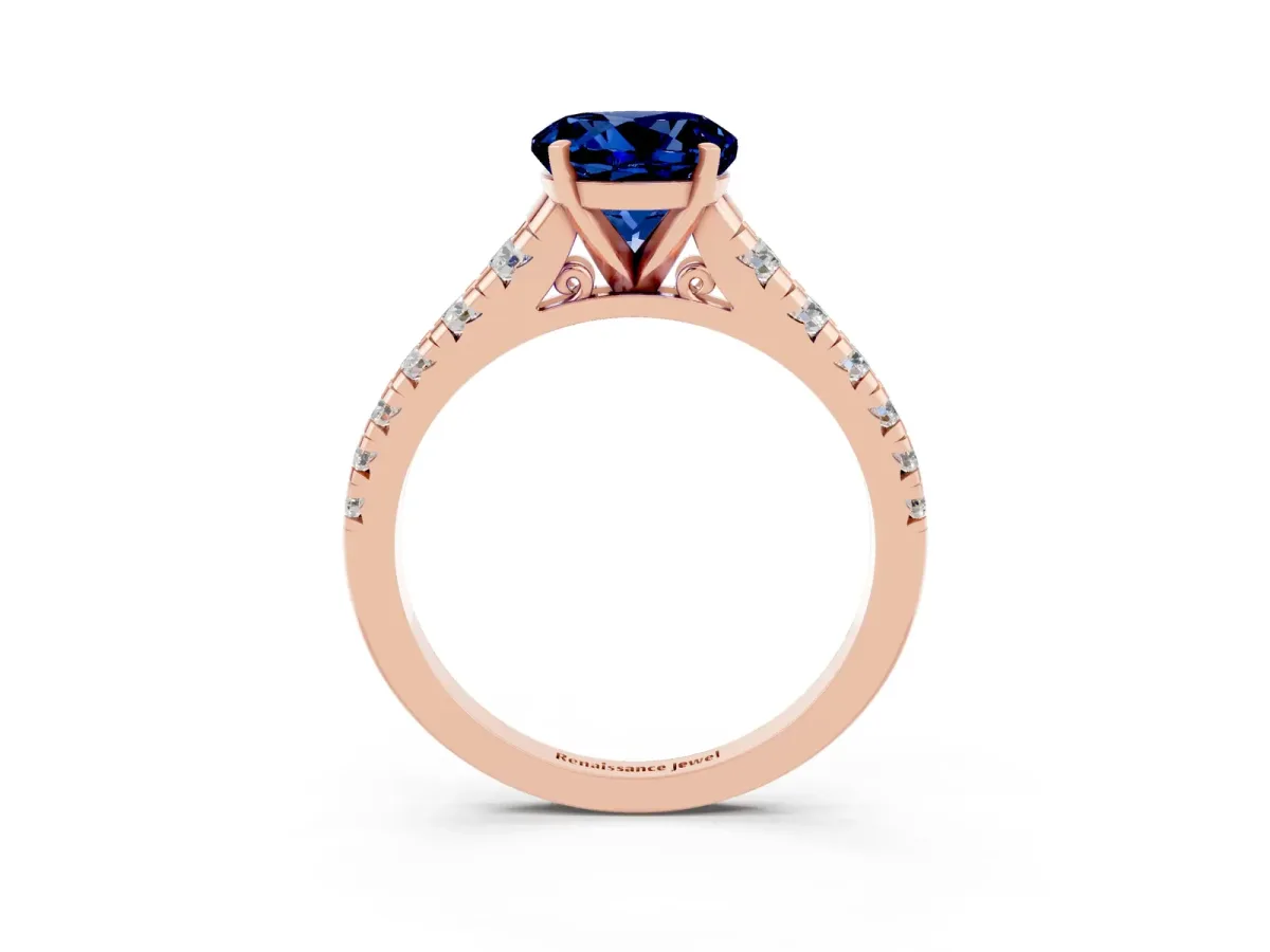 Round Cut Blue Sapphire Cathedral Solitaire Ring with Round Pavé Band Rose gold