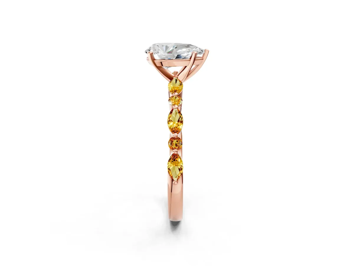 Pear Cut Diamond Ring with Marquise and Round Citrine Side Stones and Four-Prong Setting Rose gold
