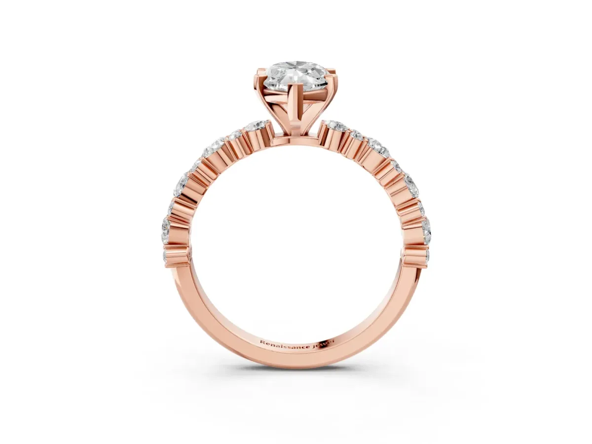 Marquise Cut Diamond Side Stone Solitaire Ring with Round Moissanite and Four-Prong Setting Rose gold