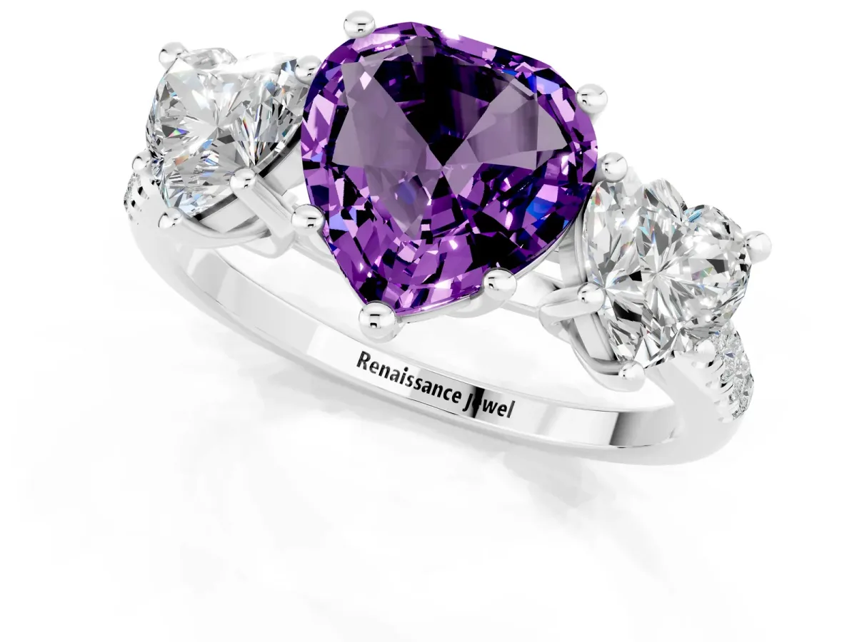 Three-Stone Heart Cut Amethyst Ring with Round Pavé Band and Prong Setting Platinum