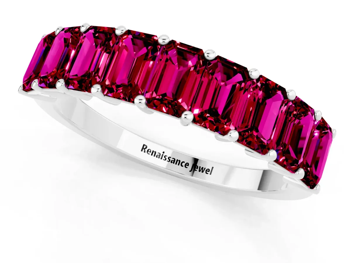 Emerald Cut Garnet Prong-Set Eternity Band White gold