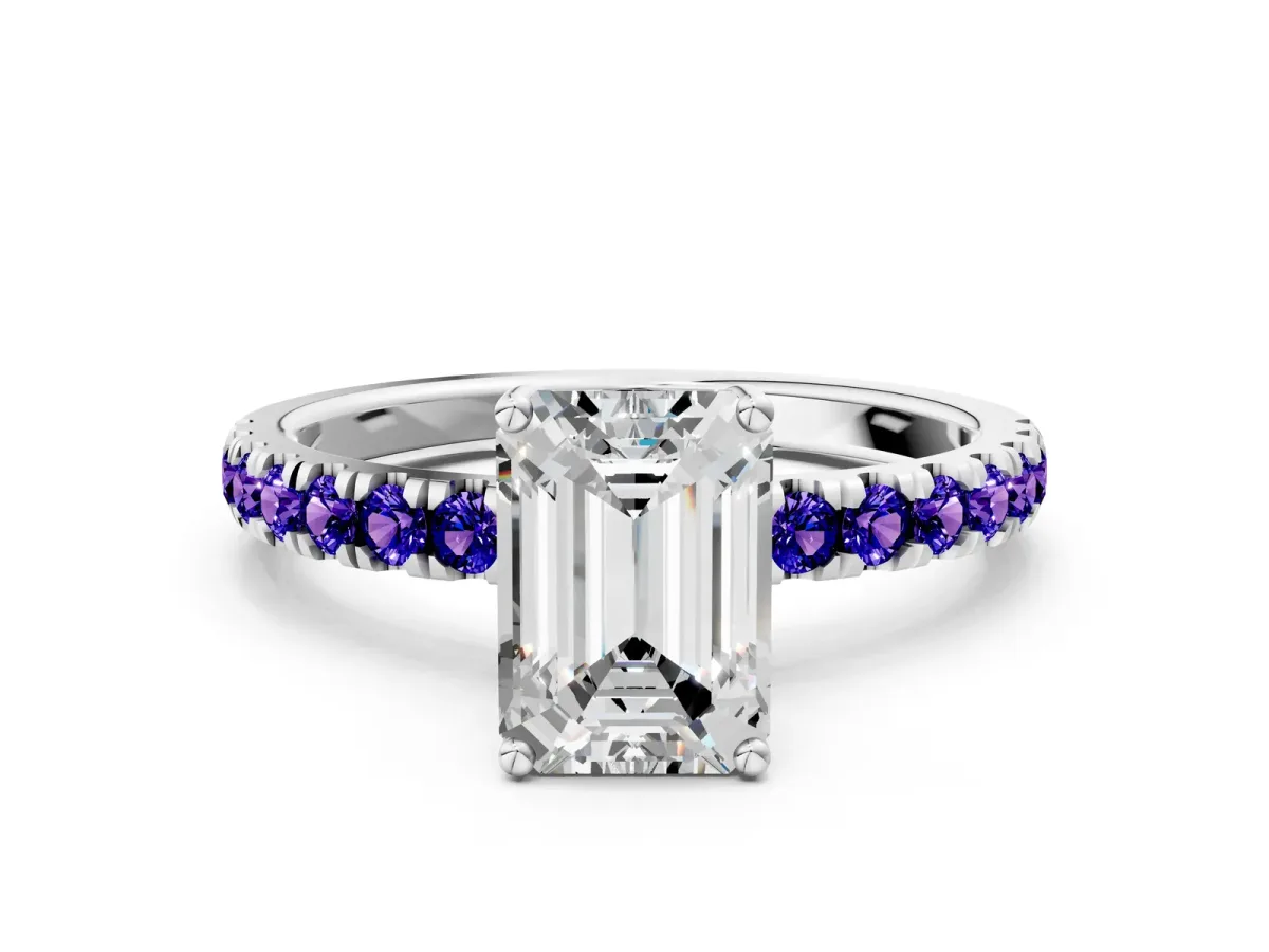 Emerald Cut Diamond Pave Band Solitaire Ring with Round Tanzanite and Prong Setting Platinum