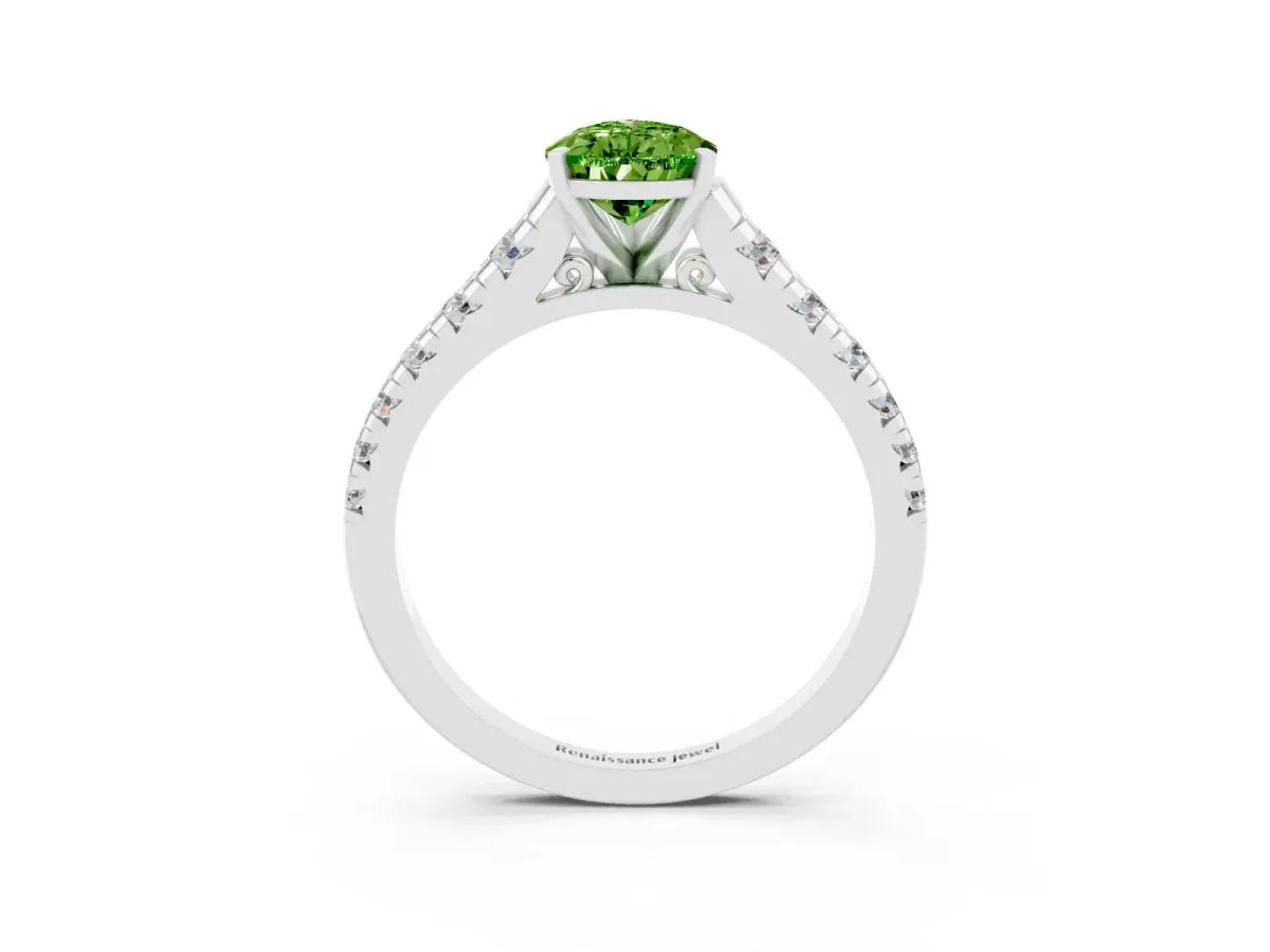 Pear Cut Peridot Cathedral Solitaire Ring with Round Pavé Band White gold