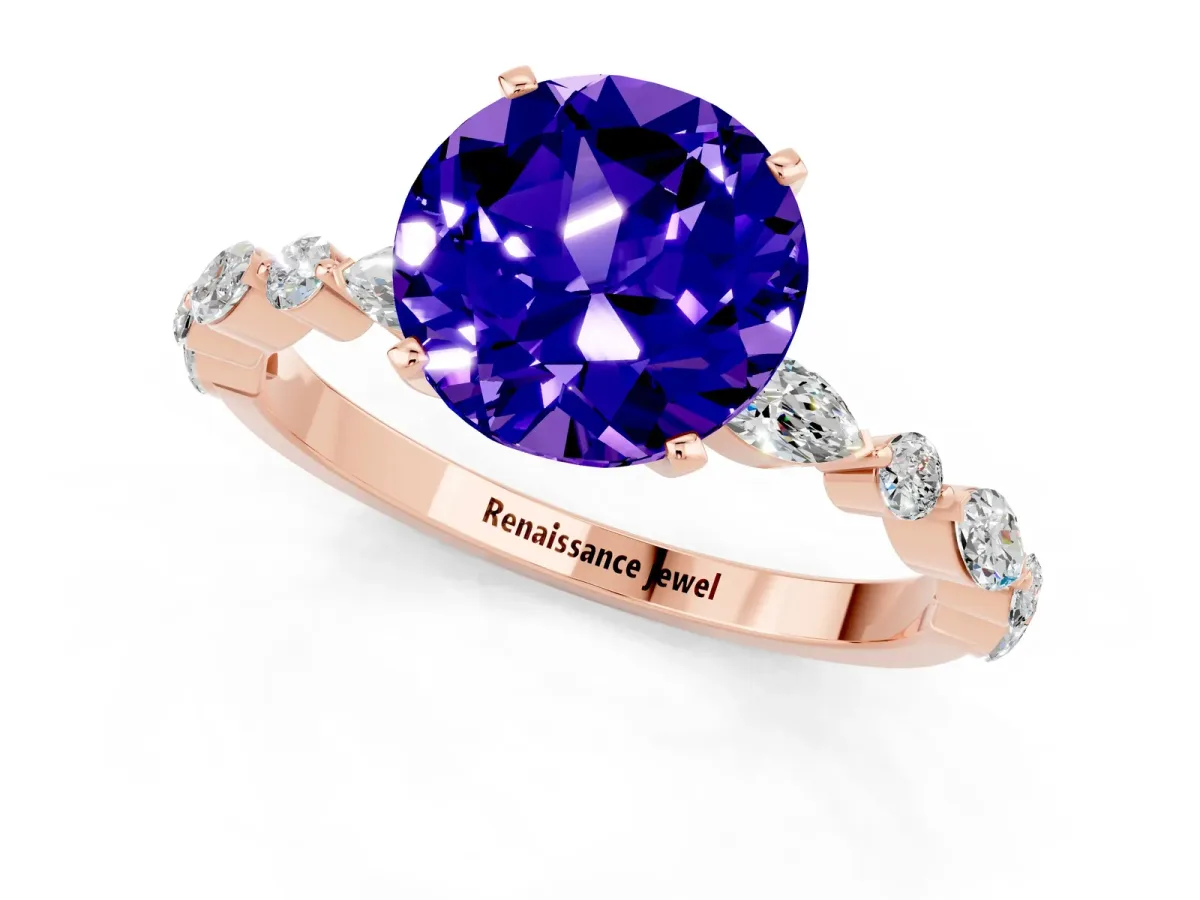 Round Cut Tanzanite Ring with Marquise and Round Side Stones and Four-Prong Setting Rose gold