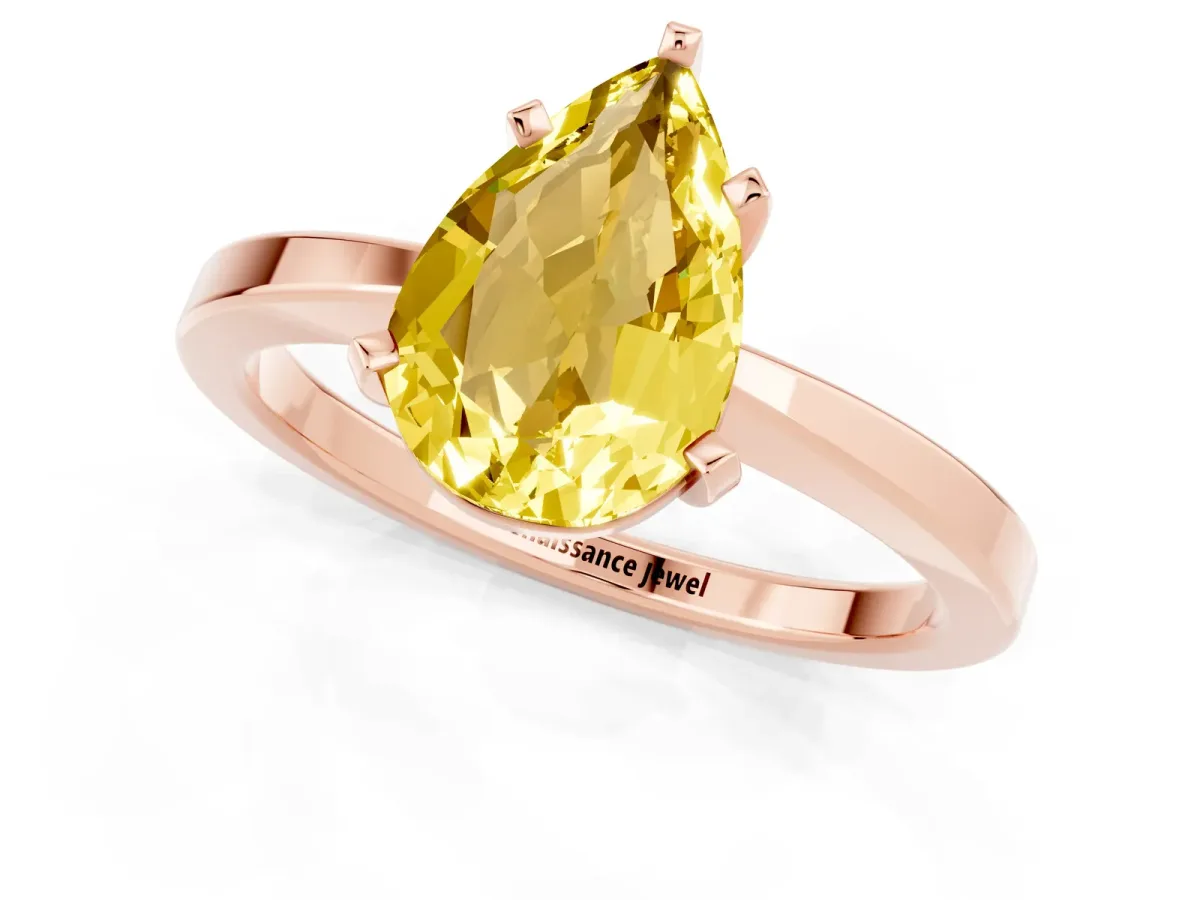 Pear Cut Yellow Sapphire Solitaire Engagement Ring with Classic Band and Four-Prong Setting Rose gold