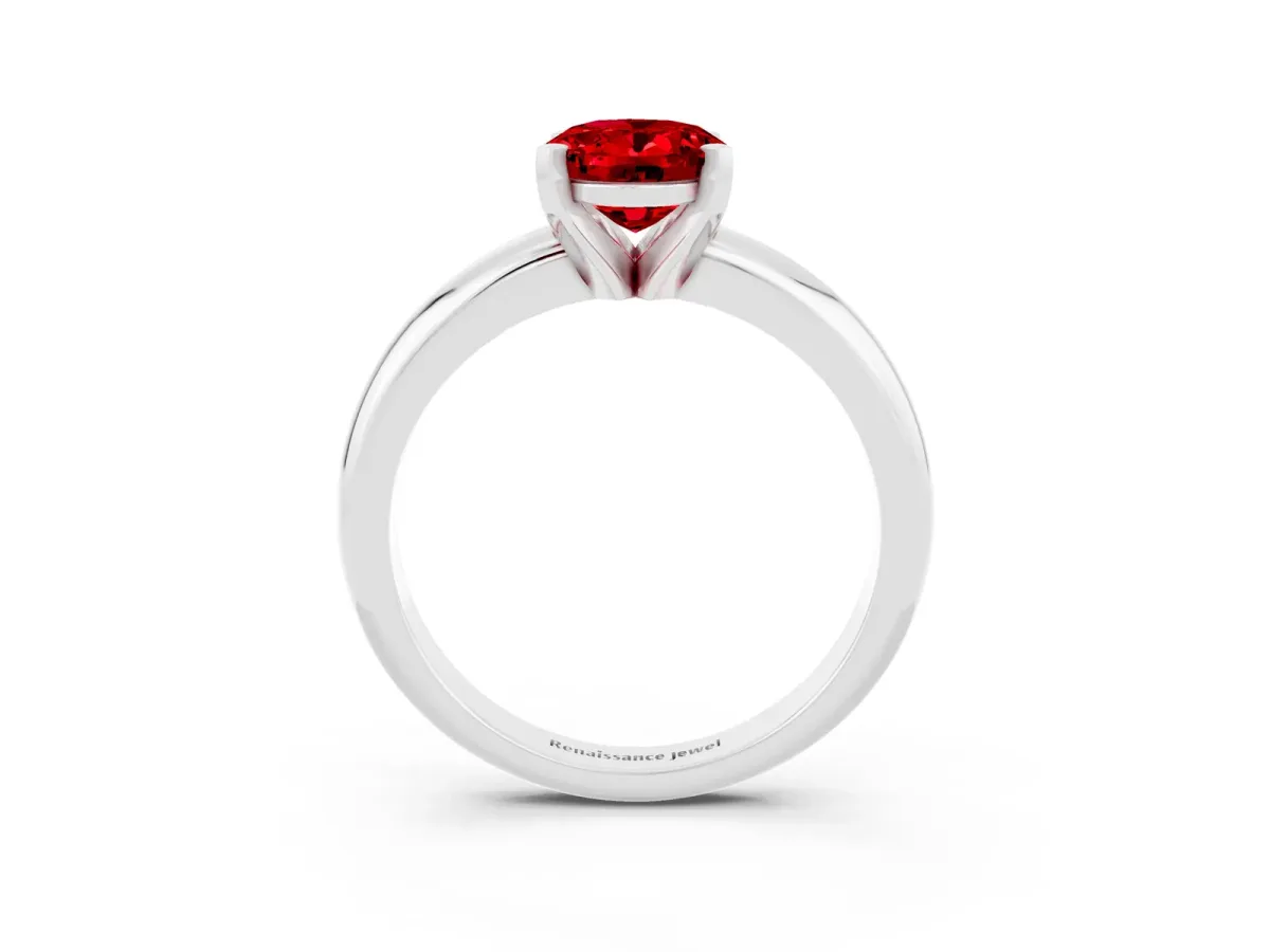 Oval Cut Ruby Solitaire Engagement Ring with Round Band and Four-Prong Setting Platinum