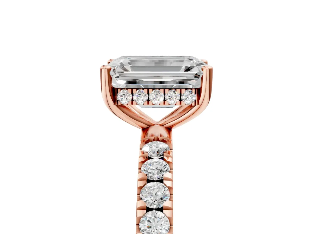 Emerald Cut Diamond Pave Band Solitaire Ring with Round Moissanite and Prong Setting Rose gold