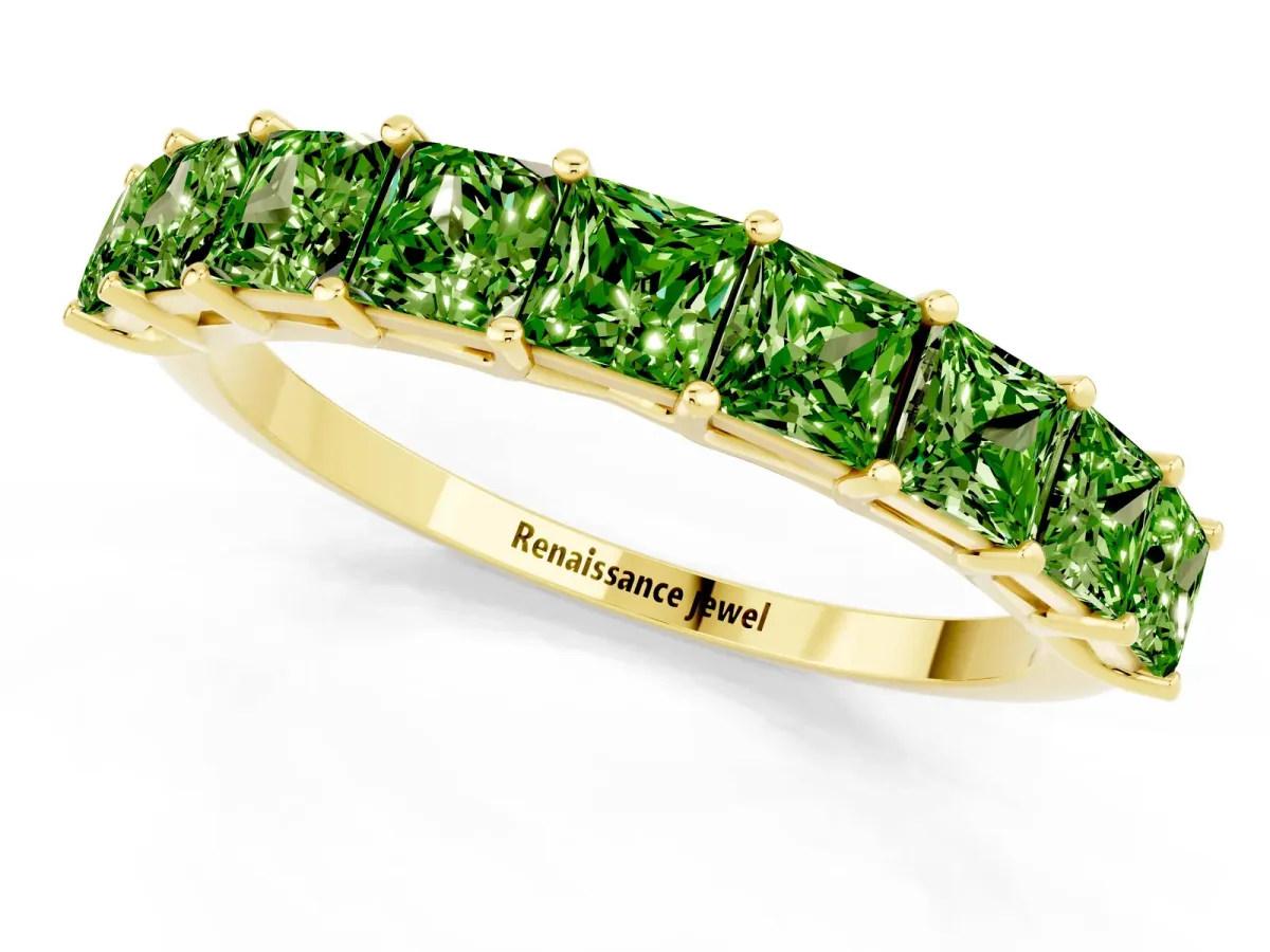 Princess Cut Peridot Channel-Set Eternity Band with Prong Setting Yellow gold