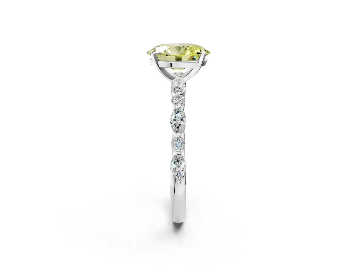 Fancy Yellow Oval Cut Diamond Ring with Marquise and Round Side Stones and Four-Prong Setting Silver