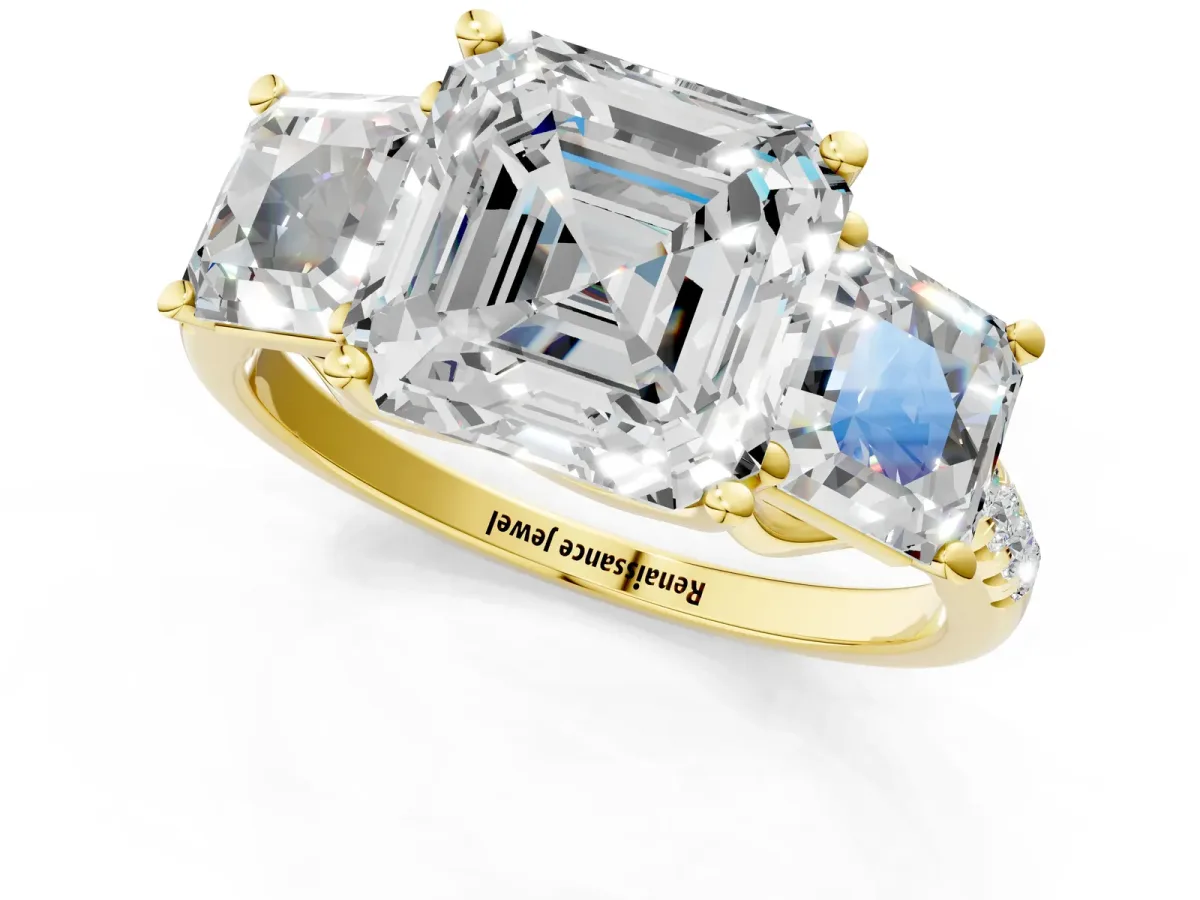 Three-Stone Asscher Cut Diamond Ring with Round Moissanite Pavé Band and Prong Setting Yellow gold