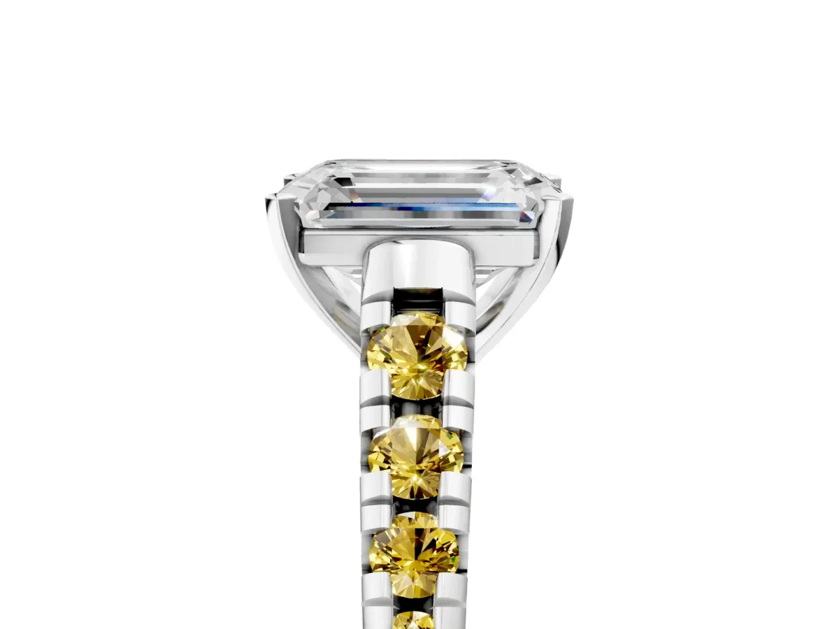 Emerald Cut Diamond Cathedral Solitaire Ring with Round Yellow Sapphire Pavé Band Silver