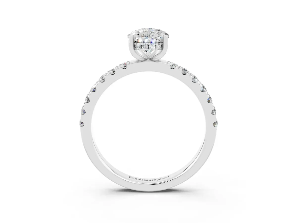Pear Cut Moissanite Pave Band Solitaire Ring with Round and Prong Setting White gold