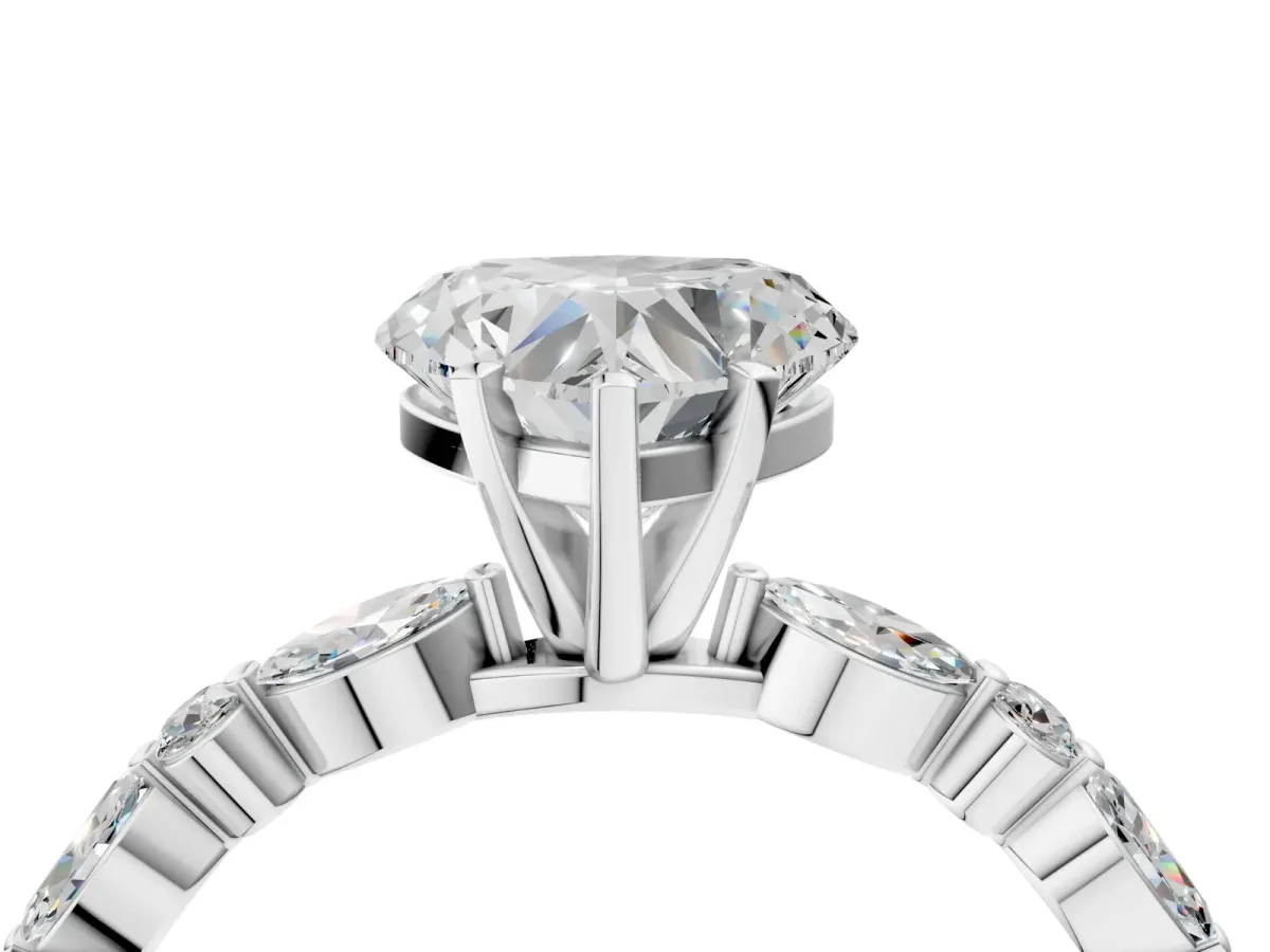 Heart Cut Diamond Ring with Marquise and Round Side Stones and Four-Prong Setting Platinum