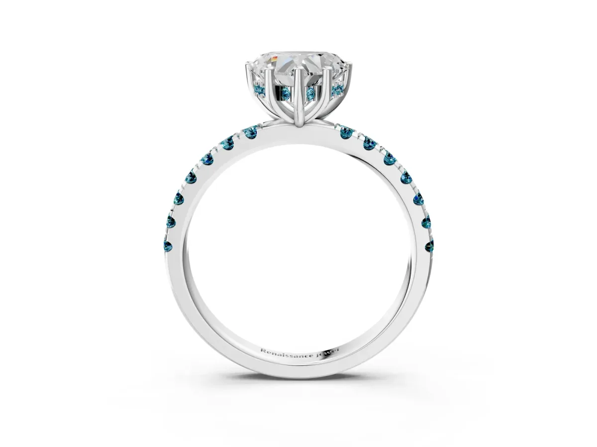Heart Cut Diamond Pave Band Solitaire Ring with Round Blue Topaz and Prong Setting Silver