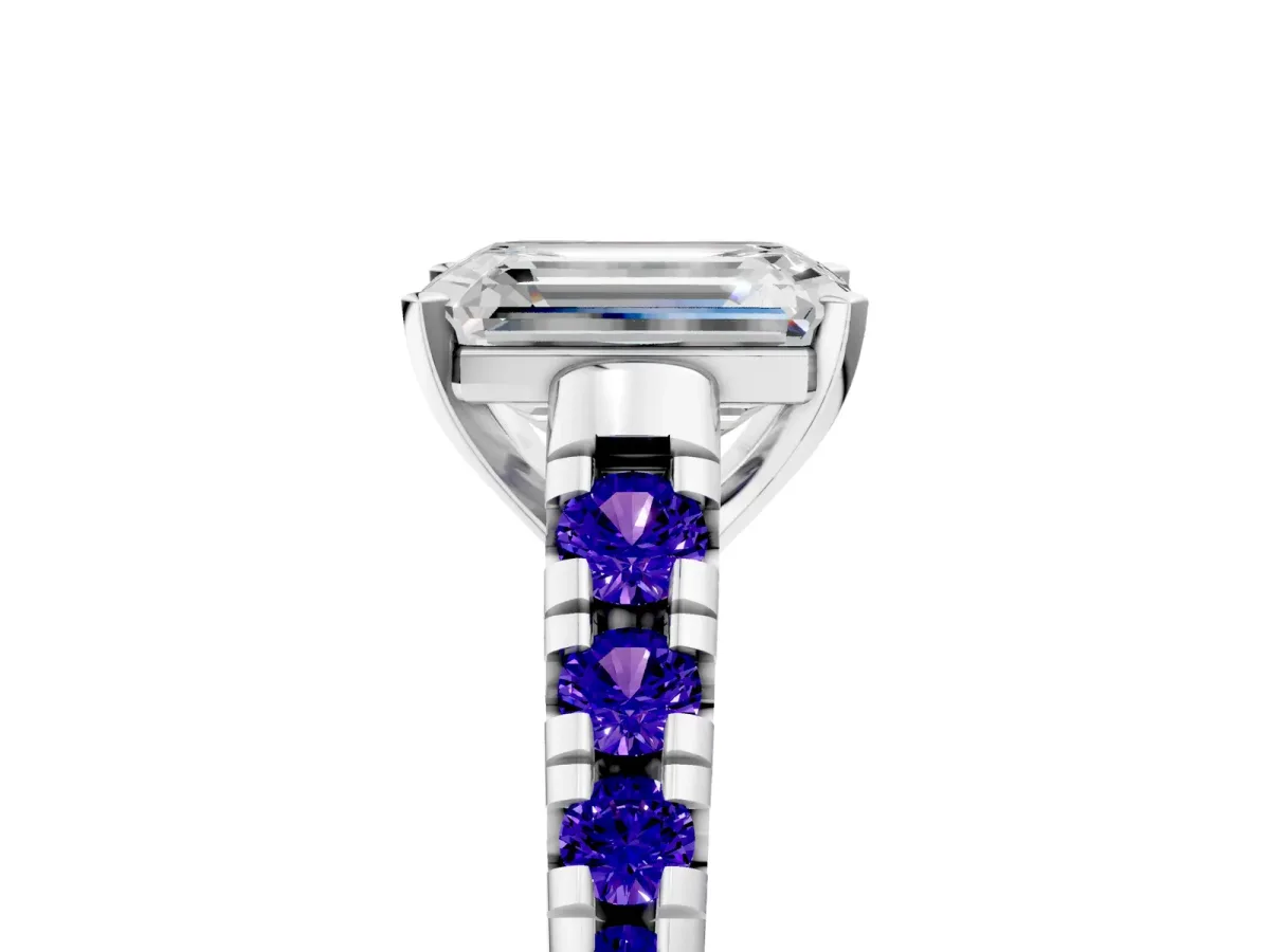 Emerald Cut Diamond Cathedral Solitaire Ring with Round Tanzanite Pavé Band Platinum